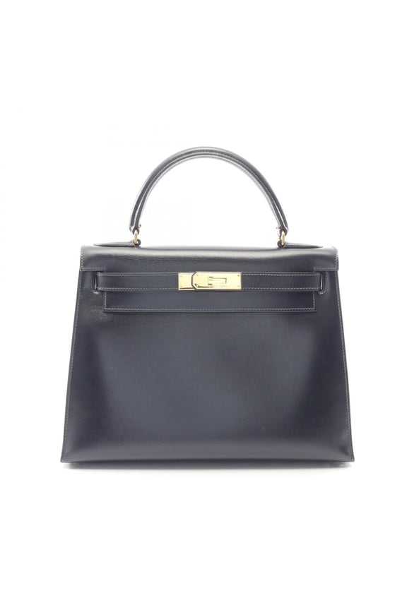 Pre-Owned Hermes Kelly 28, 2-way handbag, calfskin (box calf leather), navy blue.
