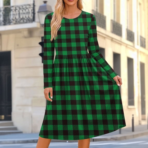 Ynynloco Women's Casual Long Sleeve High Waisted A line Dresses Pleated Waist Knee Length Loose Dress with Pockets