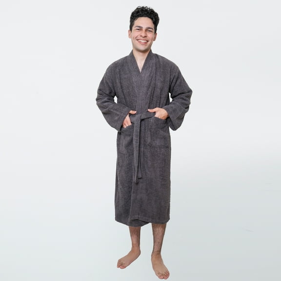 GOLD TEXTILES Terry Cloth Robes for Man's Lightweight Bathrobe – Gray, Medium, Adjustable Towel Robe Belt with Collar Pack Of 2