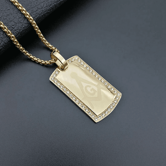 Hip Hop Zircon Freemasonry AG 14K Yellow Gold Pendant Pendant Necklace Men Women Punk Fashion Rock Rap Jewelry Gift