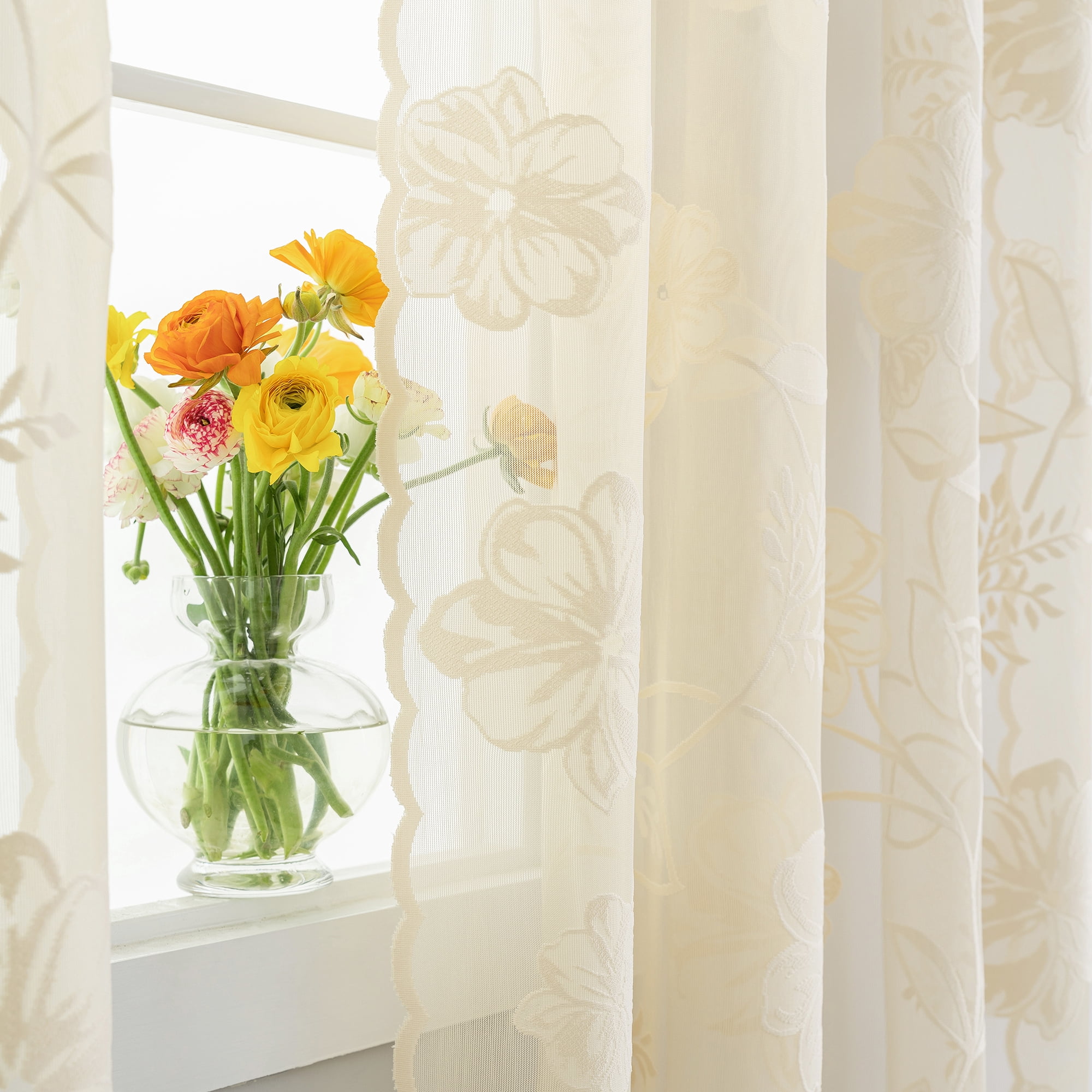Exultantex Lace Curtains for Living Room 90" Vintage Rose Floral Embroidered Semi Sheer Curtain 2 Panles,Ivory,Rod Pocket