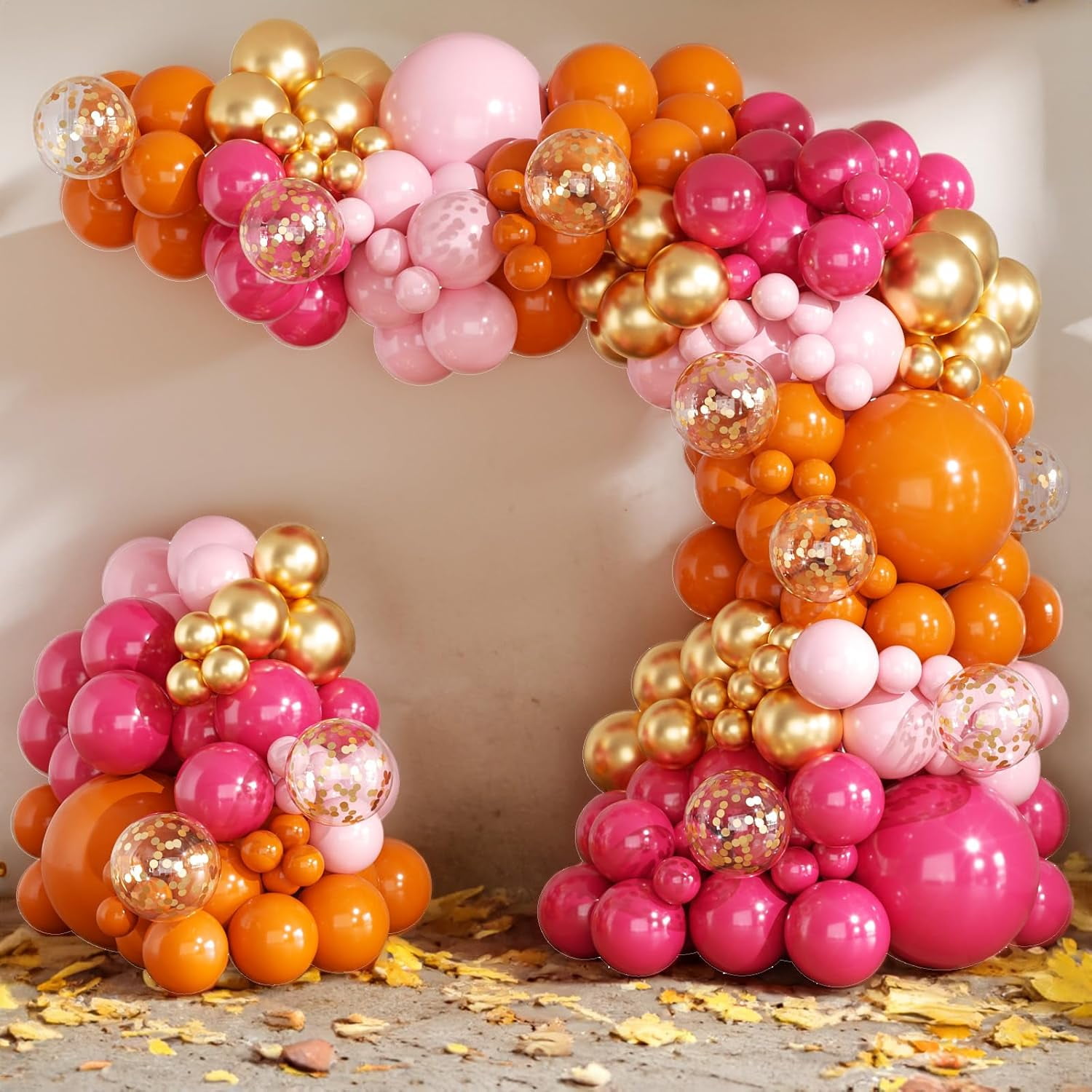 Pink and Orange Balloons Arch Kit - 164pcs Hot Pink and Orange Metallic Gold Confetti Balloons in Different Size 18 12 10 5inch for Summer Tropical Birthday Sunset Party Graduation Decorations