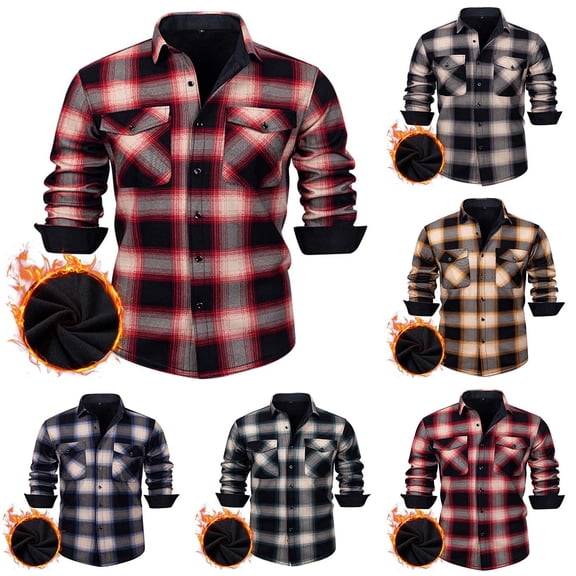 Ylhdenz Men's Plaid Button Down Shirts Warm Fleece Lined Shirt Trendy Long Sleeve Lapel Collar Top Lightweight Fall Winter Work Office Outfit S