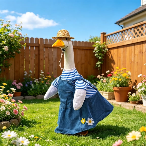 Spring Summer Farmer Style Porch Goose Outfit 3 Piece Set With Denim Dress And Straw Hat For 19-23 Inch Lawn Geese Garden And Yard Decor