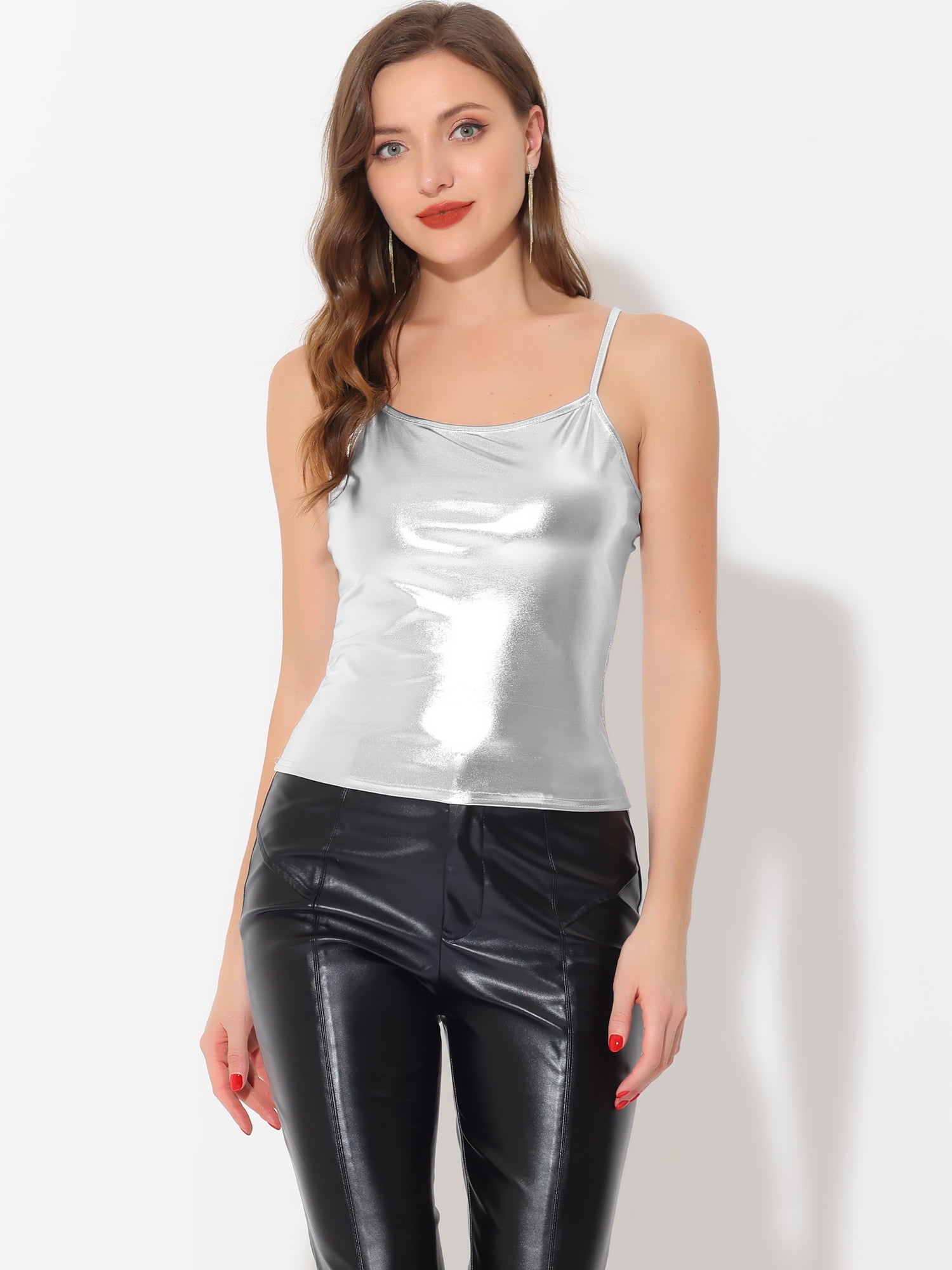 DARING DIVA Women's Holographic Metallic Spaghetti Straps Cami Top XL Silver