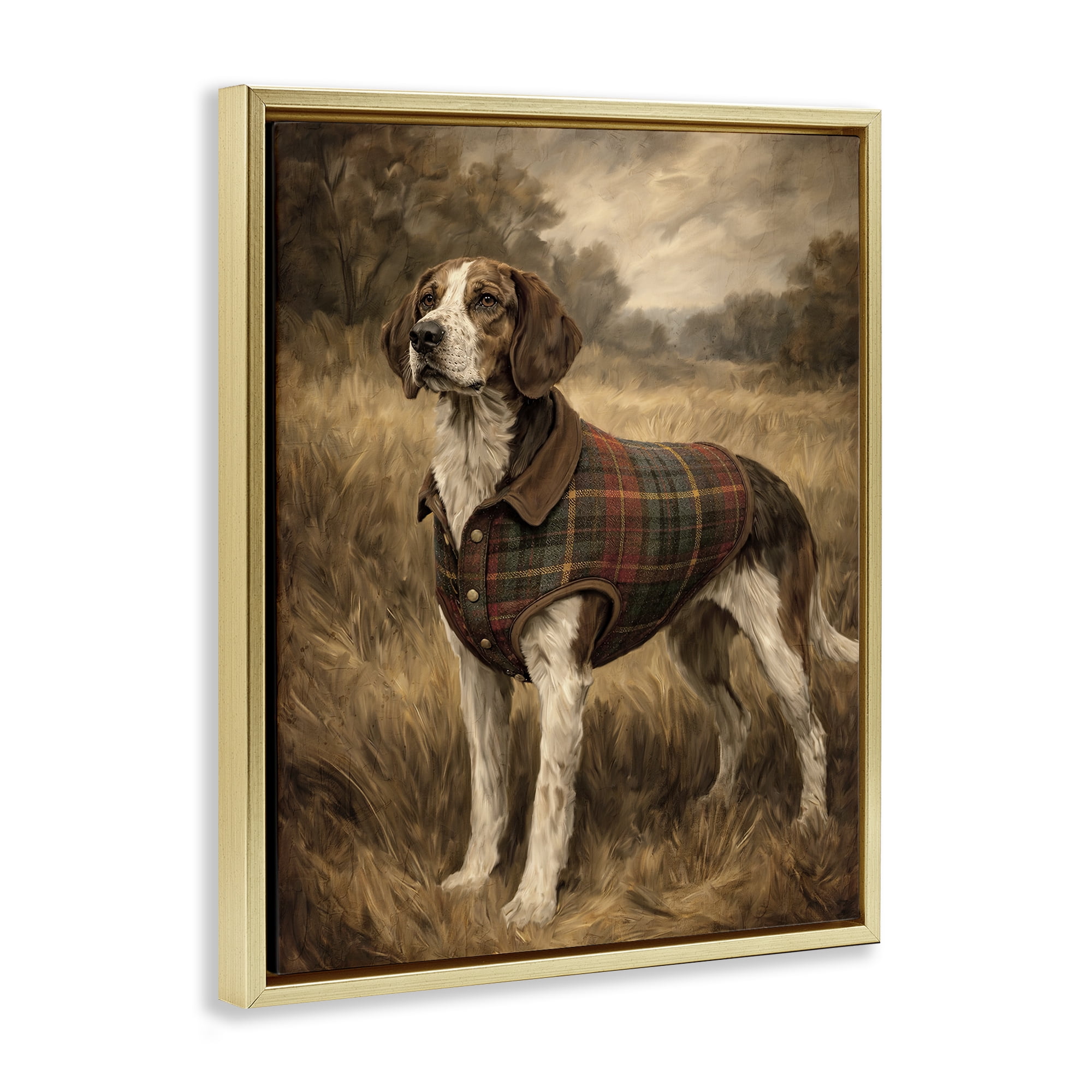 Stupell Industries Hunting Days Plaid Jacket Hound Gold Framed Floater Canvas Wall Art, design by Kim Allen