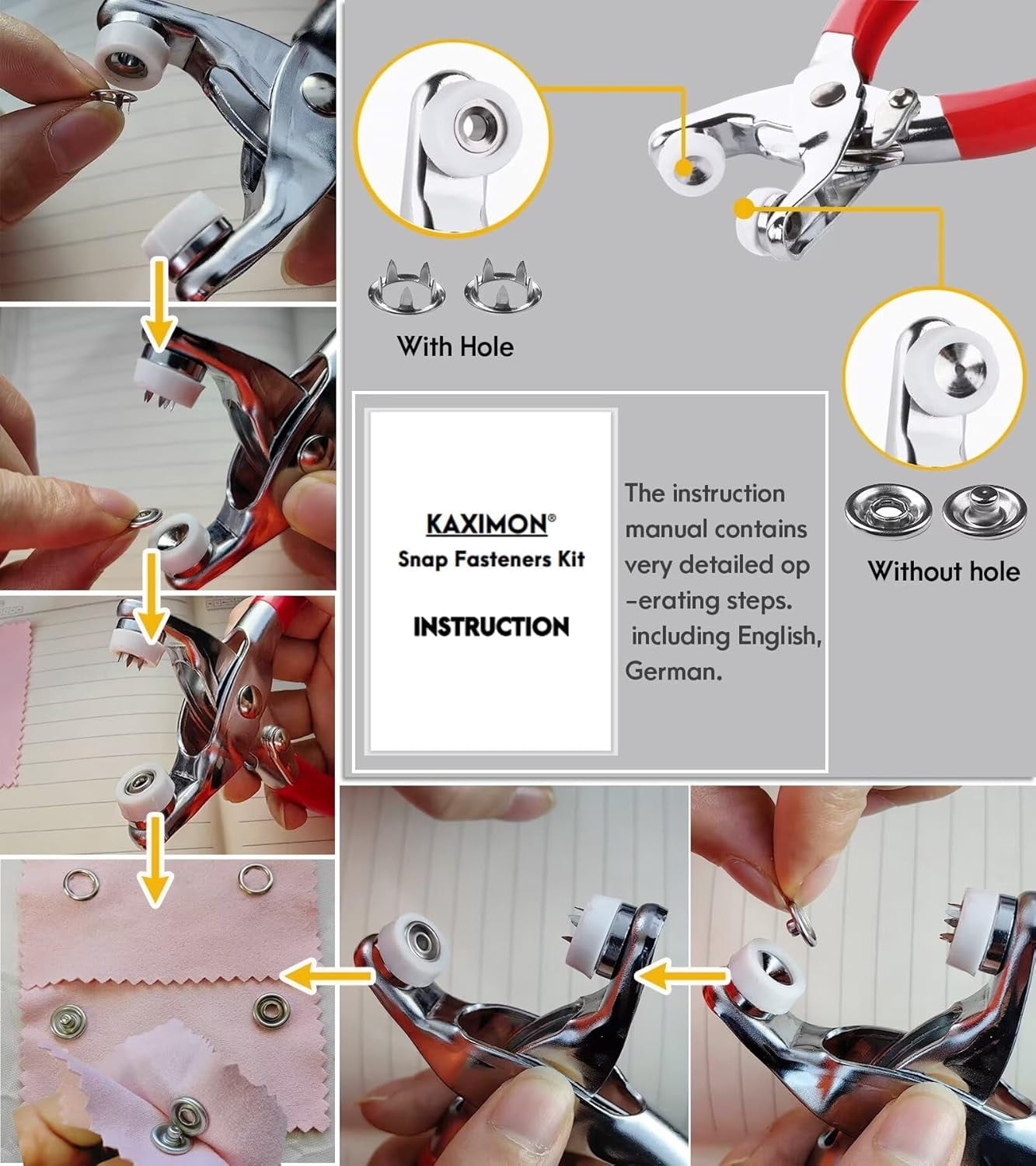 800+ PCS Snap Fasteners Kit , Metal Snap Button Kit with Fastener Pliers No Sewing, 9.5mm Snap on Button Kit Rust Proof DIY Press Studs Button Fix Tools for Fabric Clothing, chrome, SNAP-9.5MM