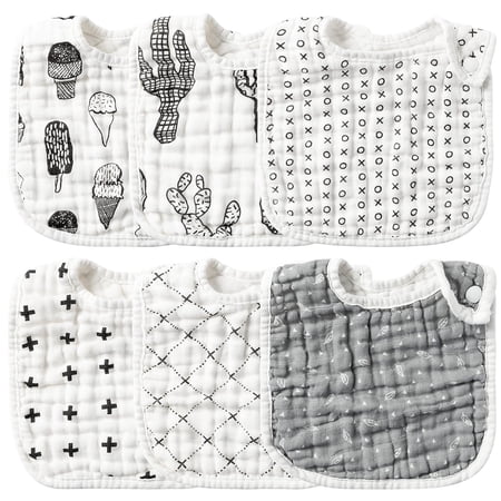 6Pcs Snap Muslin Cotton Baby Bibs White Grey Infants Drooling Bib Soft & Absorbent Adjustable Unisex Burp Cloths Feeding Cloth for Toddlers Girls Boys Newborns Eating Teething 0 to 24 Months