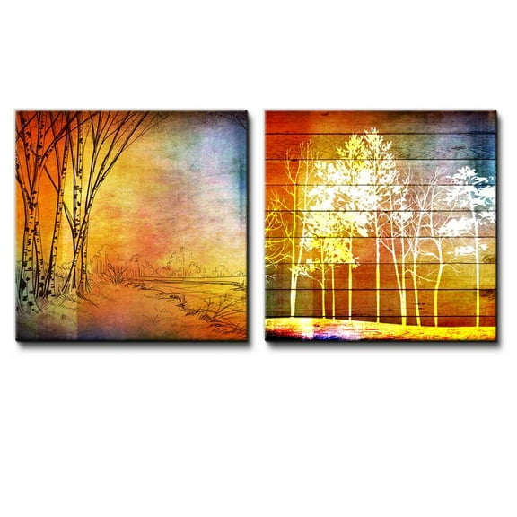 wall26 - Sketch of a Forest Along with an Illustration of Trees Over Colorful Wooden Panels - Canvas Art Home Art - 24x24 inches