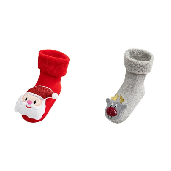 YESIMOLA 2Pcs Christmas Fuzzy Slipper Socks Toddler Kids Baby Boys Girls Christmas Santa Deer Anti Slip Knitted Warm Socks Christmas Fuzzy Stocking Toddler Christmas Stockings Red&Grey