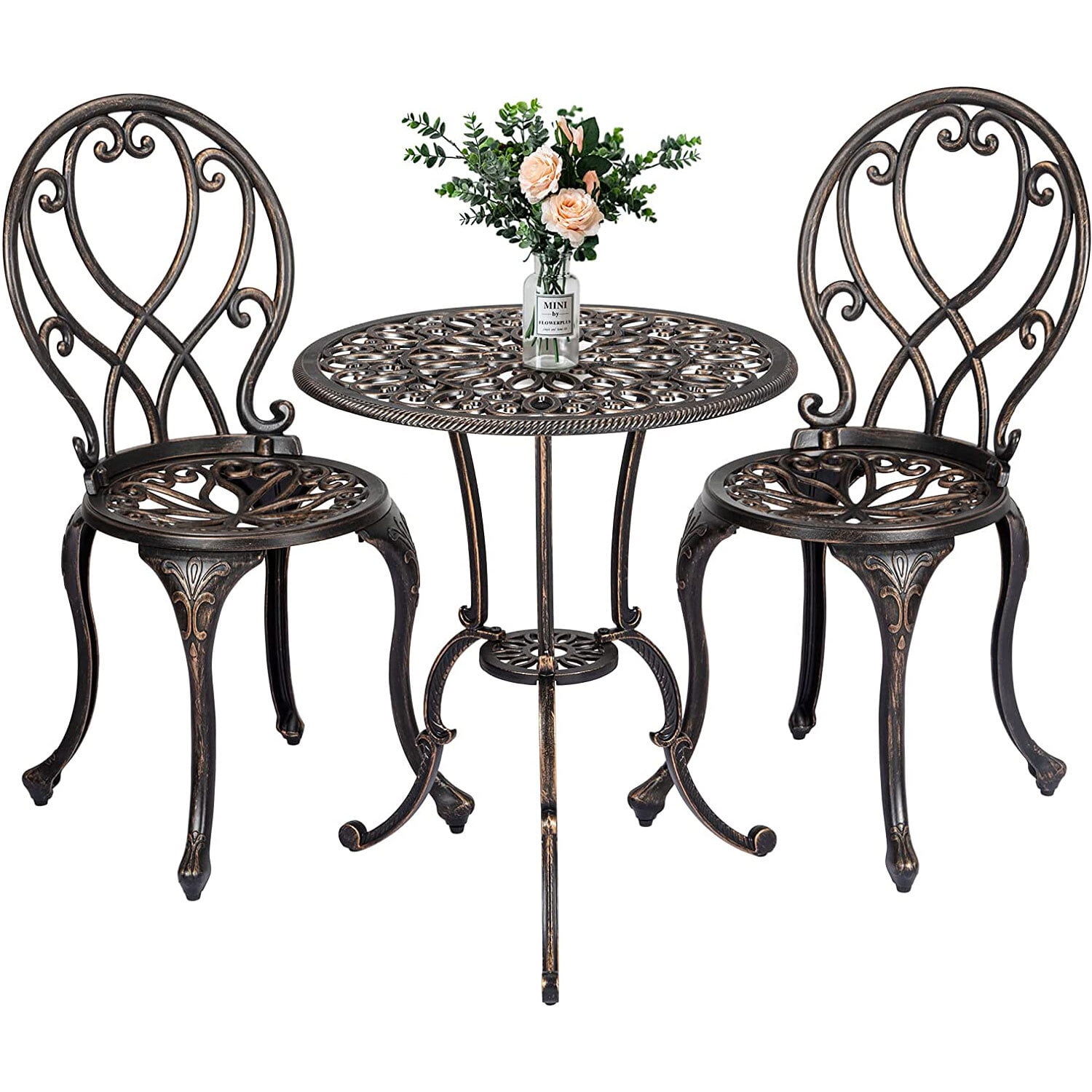 Yartaka 3Piece Floral Outdoor Patio Bistro Set, Cast Aluminum Outdoor Furniture, Small Patio