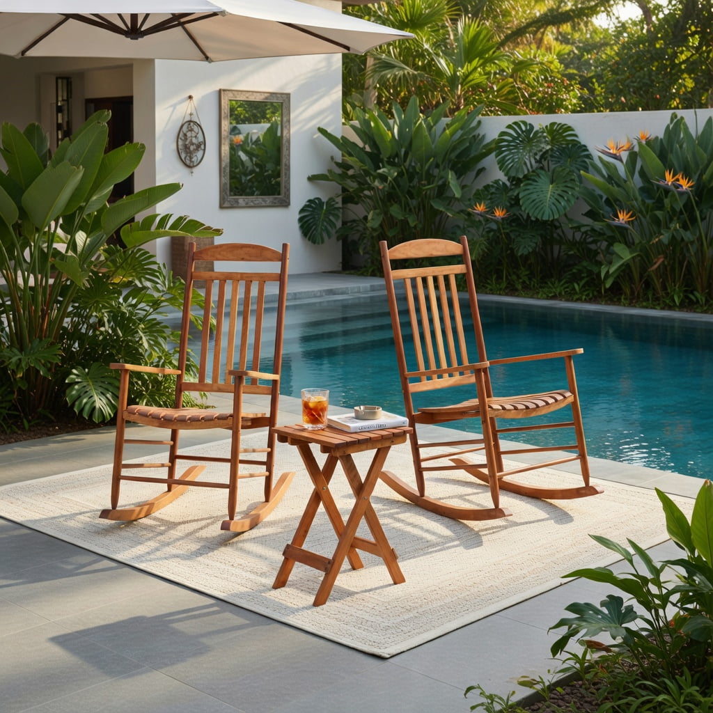 Hommoo 3-Piece Poplar Wood Outdoor Rocking Bistro Set, Foldable Table & Two High-Back Rockers for Patio, Porch, Balcony & Garden, Brown