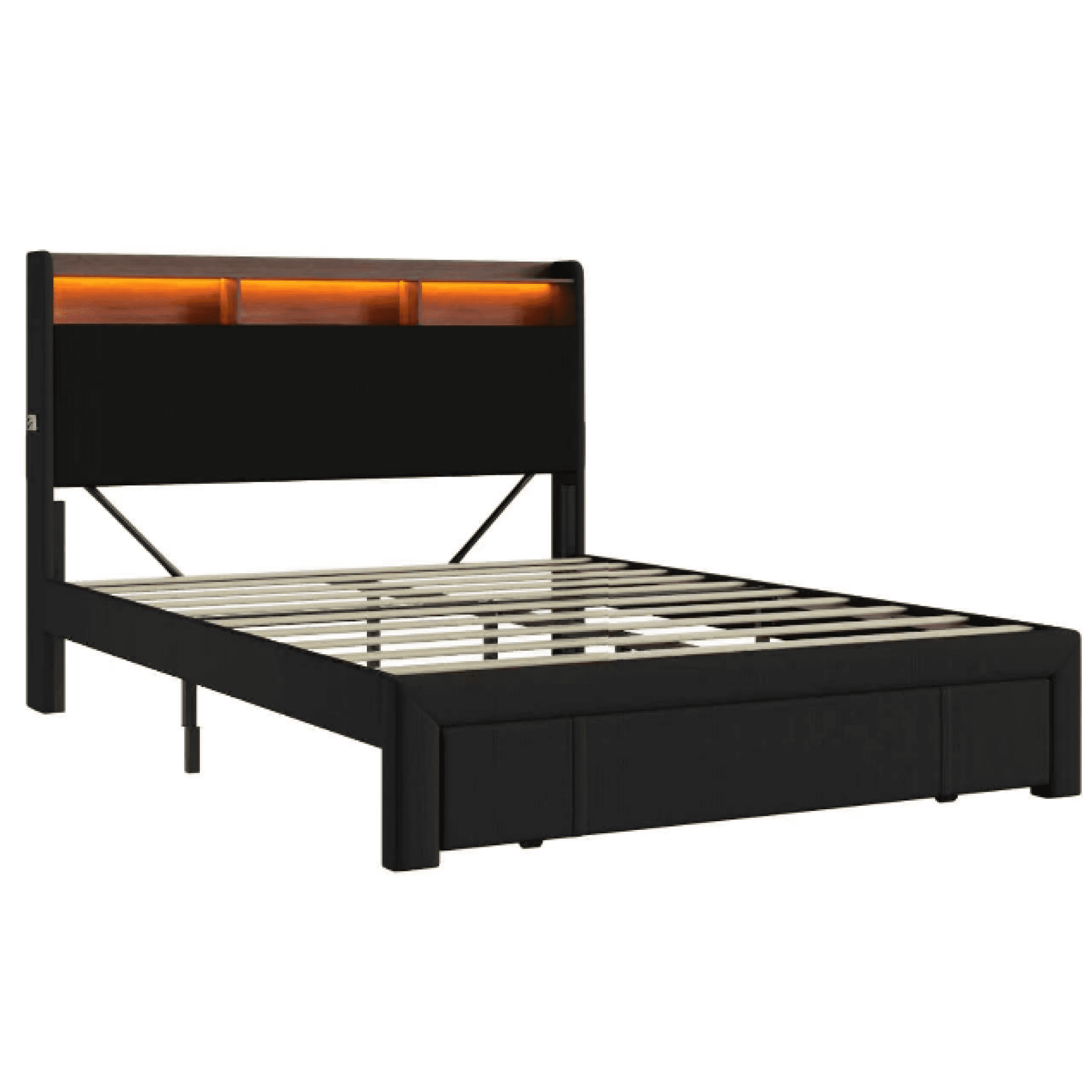 Leumius Queen Size Bed Frame,Upholstered Platform Bed Frame with LED & Charging Station,Drawers and Storage Headboard,Noise-Free, No Box Spring Needed,Black(Queen)