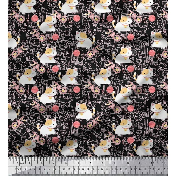 Soimoi Cotton Duck Fabric Wool & Cat Kids Printed Fabric 1 Yard 42 Inch Wide