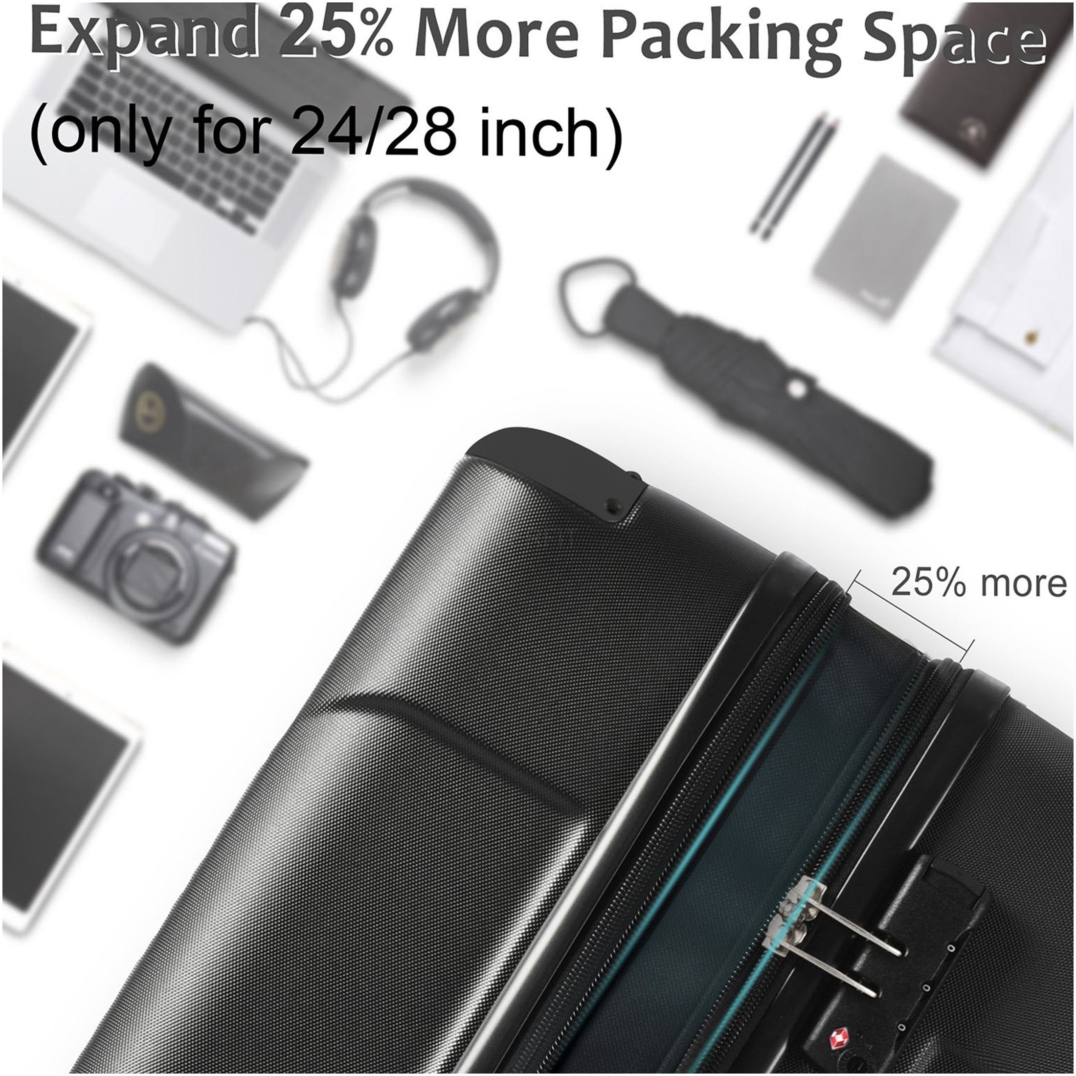 JERFIT 24" Expandable Hardshell Suitcase, Lightweight ABS Checked Luggage with TSA Lock & 8 Spinner Wheels for Travel, Black