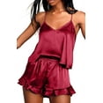 thumbnail image 6 of SMZ Women's Sexy Silk Satin Ruffled Pajamas Sets Cami Shorts Sets Sleepwear, 6 of 7