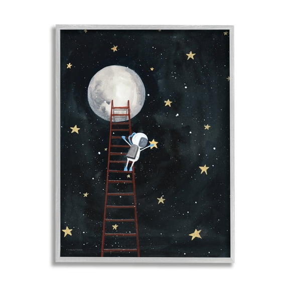 Stupell Industries Astronaut Hanging Stars Outer Space Ladder to Moon Graphic Art Gray Framed Art Print Wall Art, 11x14, by Rachel Nieman