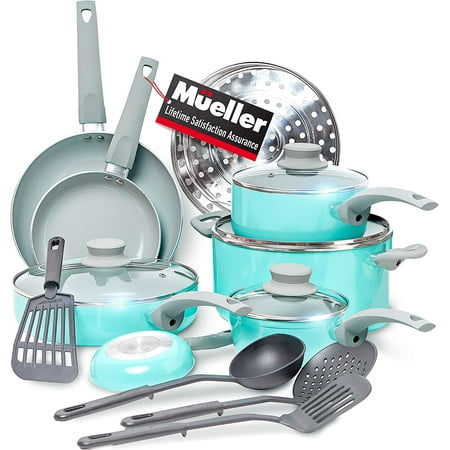 

HJY Pots and Pans Set Healthy Stone 16-Piece Nonstick Cookware Set Butter Warmer Deep Fry Pan Sauce Pan Pot Stainless Steel Steamer Vented Glass Lids Turquoise