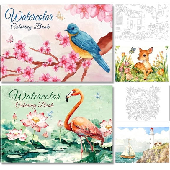 Elfew 2 Pack Watercolor Coloring Books for Adults & Beginners – 30 Unique Designs (Flowers, Animals, ...), Acid-Free, Cold Press, Great