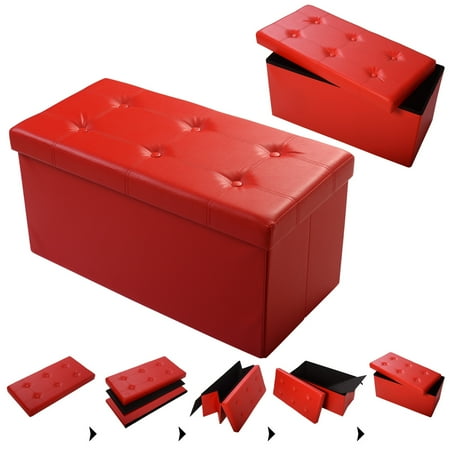 Costway 30"x15"x15" Large Folding Storage Faux Leather Ottoman Pouffe Box Stool (Red)