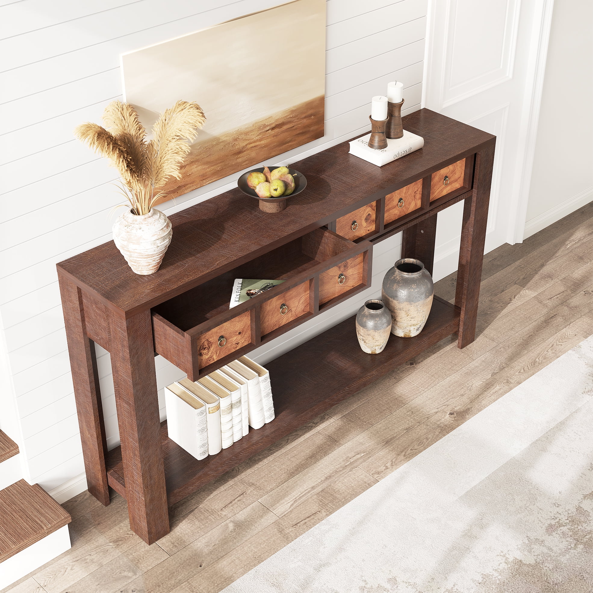 BouPower 54" Console Tables for Entryway,Long Console Tables for Living Room,Behind Couch Table,Sturdy Wood Support Farmhouse Entryway Table with 2 Drawers & Open Storage Shelf