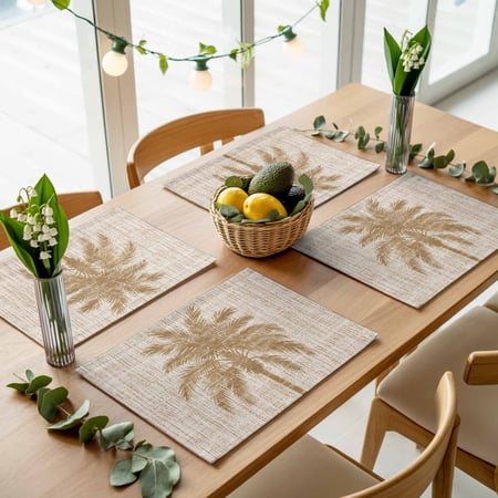 Summer Tropical Coconut Tree Placemats Set of 4,Wipeable Washable Table Mats for Dining Tables, Farm Plant Retro Linen Texture Place Mats for Kitchen Event Party Tabletop Decor