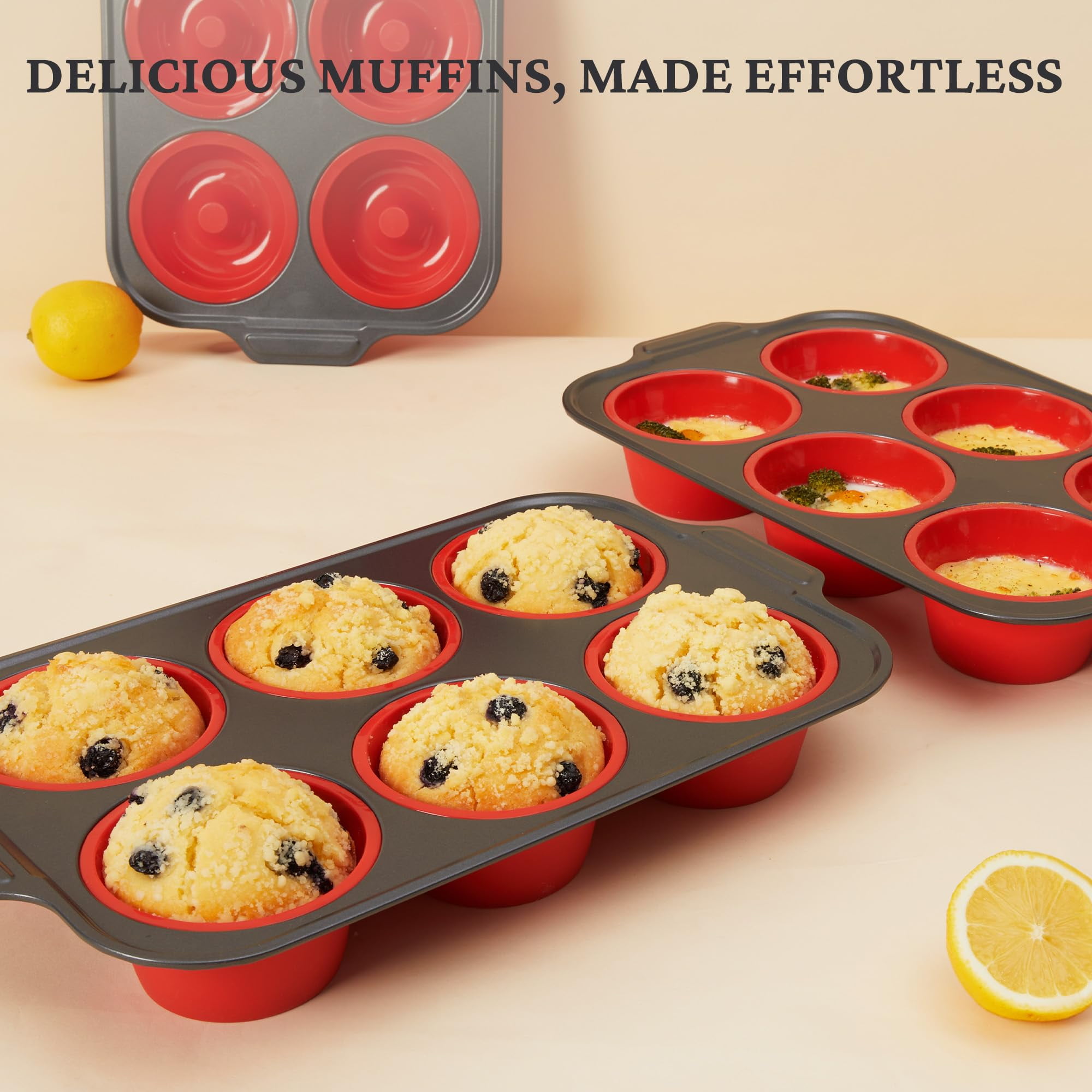HONGBAKE Jumbo Silicone Muffin Pan with Metal Frame, 3.5" Large Muffin Tins, Non-Toxic Food Grade Silicone, Non-Stick for Egg Bites & Big Cupcakes, Oven Safe, Red