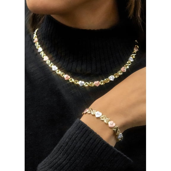 YELLOW GOLD "XO HEART" HOLLOW TRI-COLOR NECKLACE & BRACELET SET FOR WOMEN | APPX 17.9 GRAMS