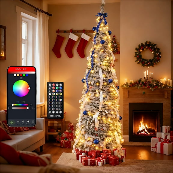 7ft Preassembled Christmas Tree with 400 LED Lights, Artificial Slim Christmas Tree, Multicolor RGB Lights with App Control, 1477 Branch Tips, Easy to Assemble, for Christmas, Home, Party