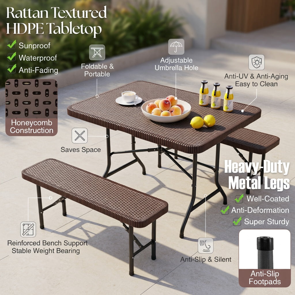 Hommoo 6 ft Portable Folding Table, HDPE Rattan-Look Tabletop, Weatherproof & Locking Frame for Outdoor Picnics, Camping, and Indoor Use, Coffee