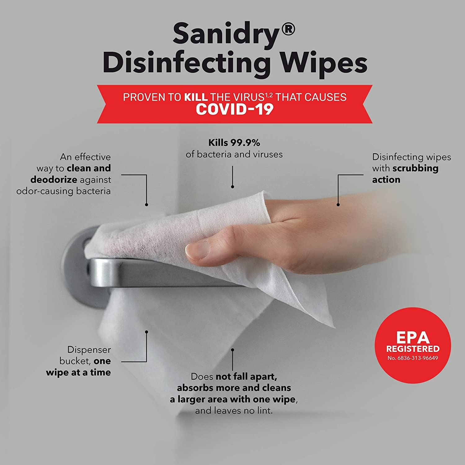 Rosmar Sanidry Disinfecting Wipes 300 Count - 4 Pack, EPA Registered, Unscented, White, Nonabrasive