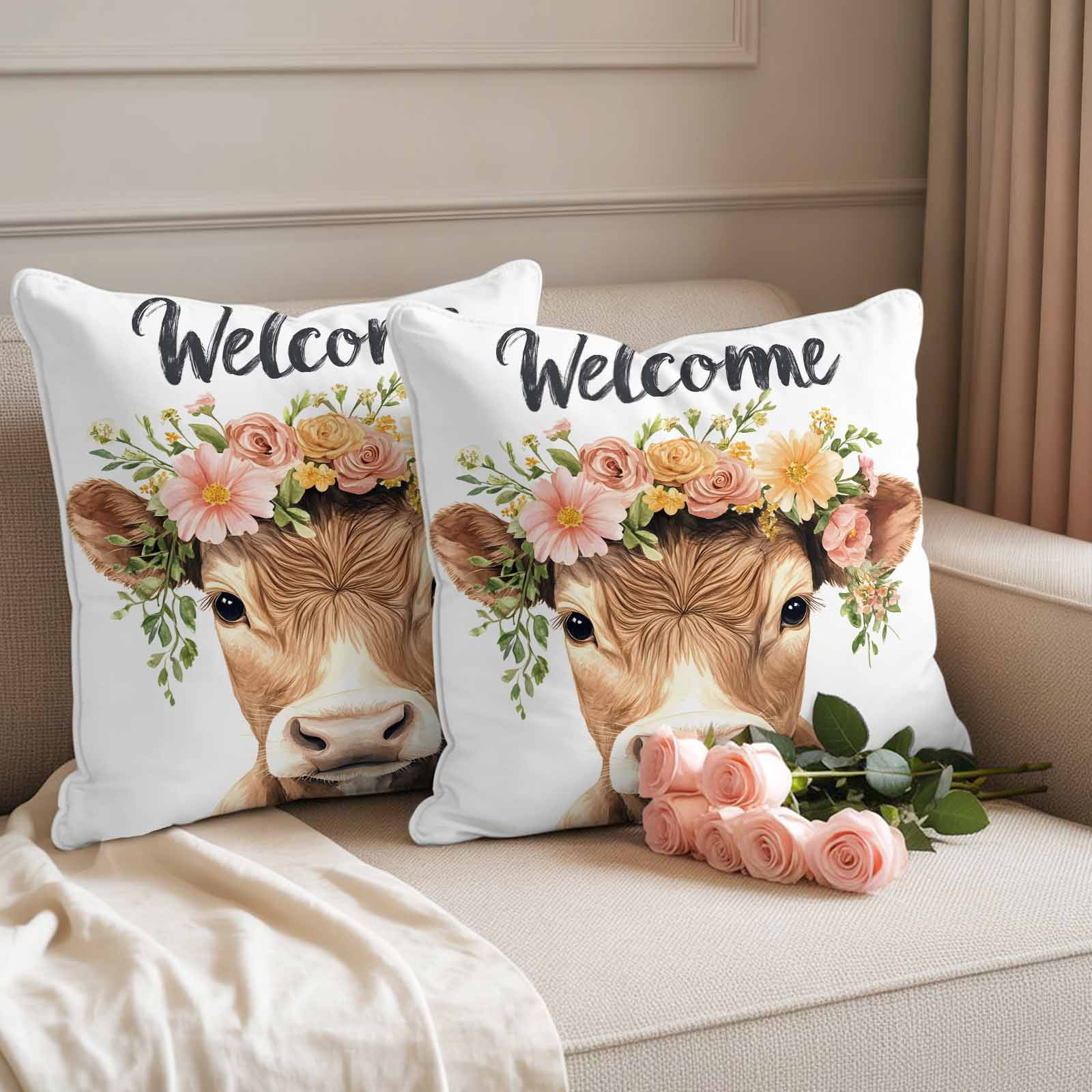 Cute Cow Pillow Covers 2 Pack Welcome Pillowcase Waterproof Outdoor Throw Pillow Cover for Patio Garden Square Cushion 20”x20”