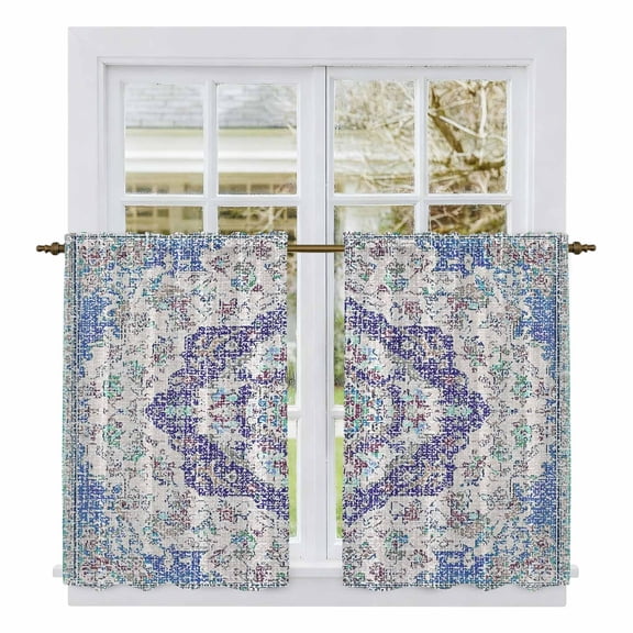 Blue Purple Boho Kitchen Curtains 54 Inch Length, Vintage Abstract Floral Ethnic Tribe Tiers Curtains for Bathroom Bedroom Cafe, Light Filtering Small Window Treatment Short Drapes 2 Panels 42"Wx54"L
