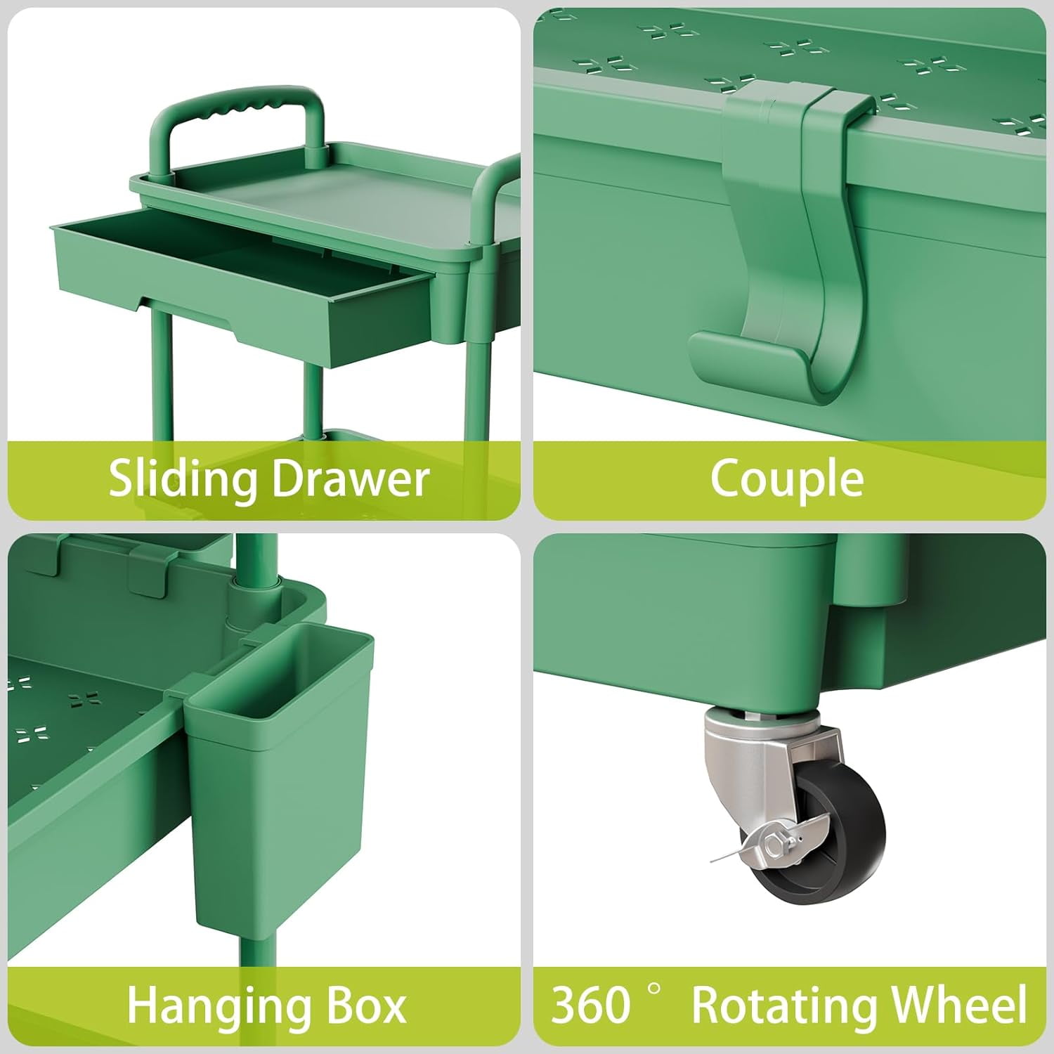 5 Tier Rolling Utility Cart, Mobile Storage Shelves with Wheels for Bathroom Laundry Office Home, Green