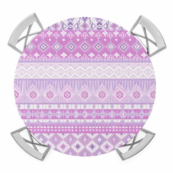 Elastic Fitted Round Tablecloth, Purple Pink Boho Waterproof Stretch Table Cover for 36"-44" Tables, Vintage Ethnic Tribe Abstract Art Washable Outdoor Tablecloths for Patio, Picnic, Camping