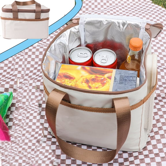 sruoe Beige Lunch Bag, Oxford Cloth Insulated Lunch Bag, 24x25x16cm Large Capacity Cooler Tote with 3 Mesh Pockets, 5-Hour Thermal Lunch Bag for Office Picnic
