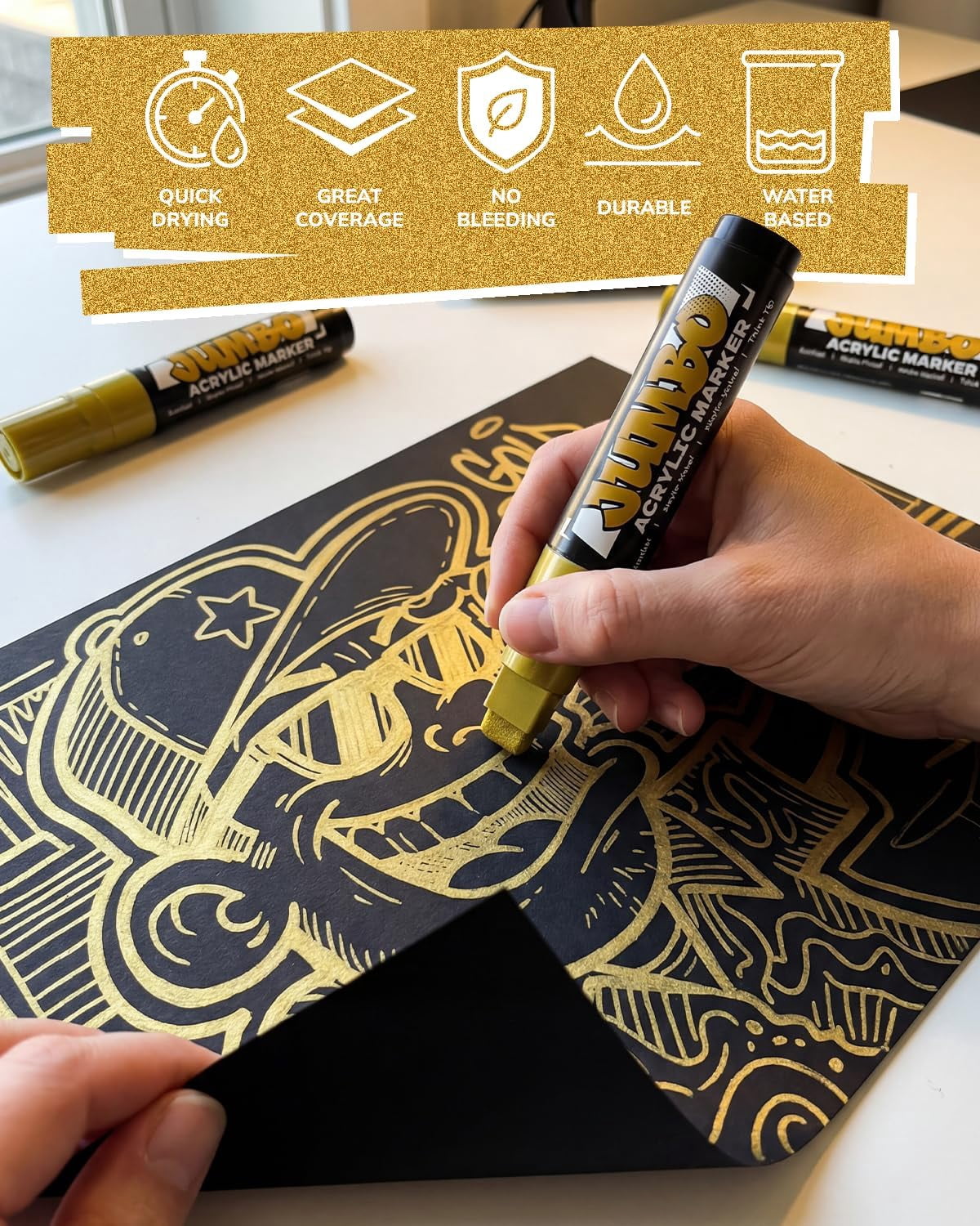 JusArt 4 Pcs Gold Jumbo Poster Marker Set, 15mm Wide Tip and 0.7mm Fine Tip, Acrylic Paint Markers for Rock, Fabric, Glass, Metal, Wood