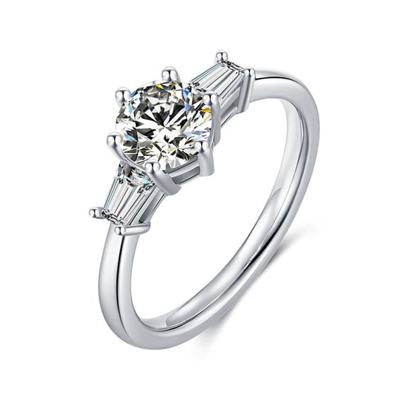 TwoBirch Platinum Plated 925 Sterling Silver 1 CT Moissanite Engagement Ring with Cubic Zirconia Baguette Side Stones (Size 9)