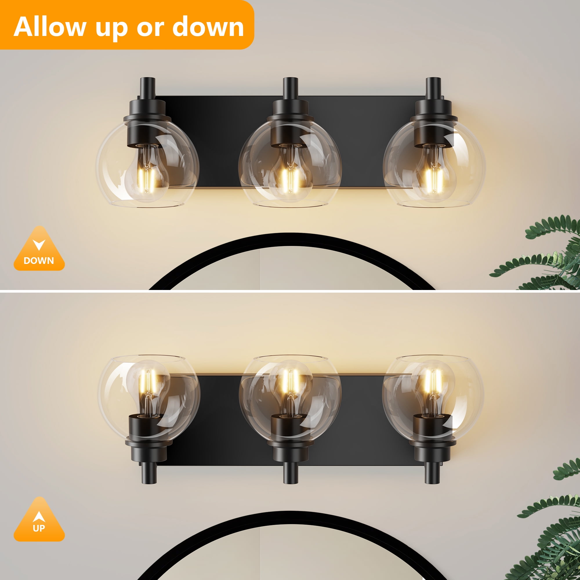 GCGAFUL 19 in. 3-Light Matte Black Modern Dimmable Bathroom Vanity Light with Clear Glass Globe Shade