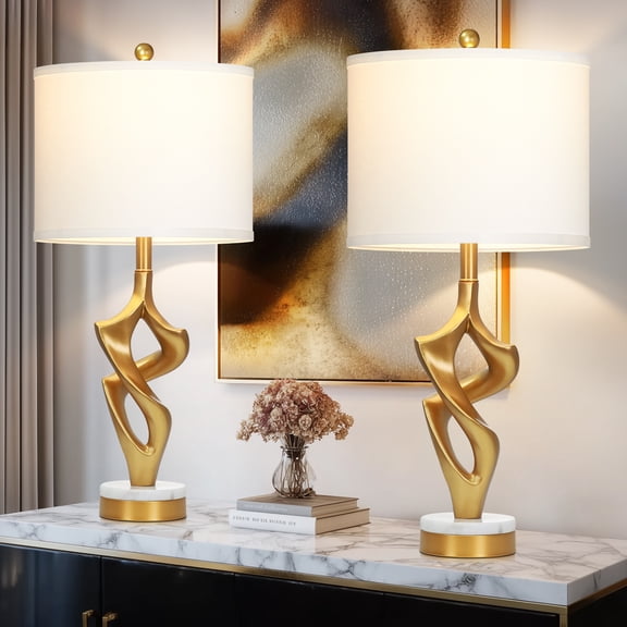 Cinkeda 29" Gold Table Lamp Set of 2, 3-Color Temperature Dimmable Bedside Nightstand Lamps with Marble & Metal Base for Living Room Bedroom, LED Bulbs Included