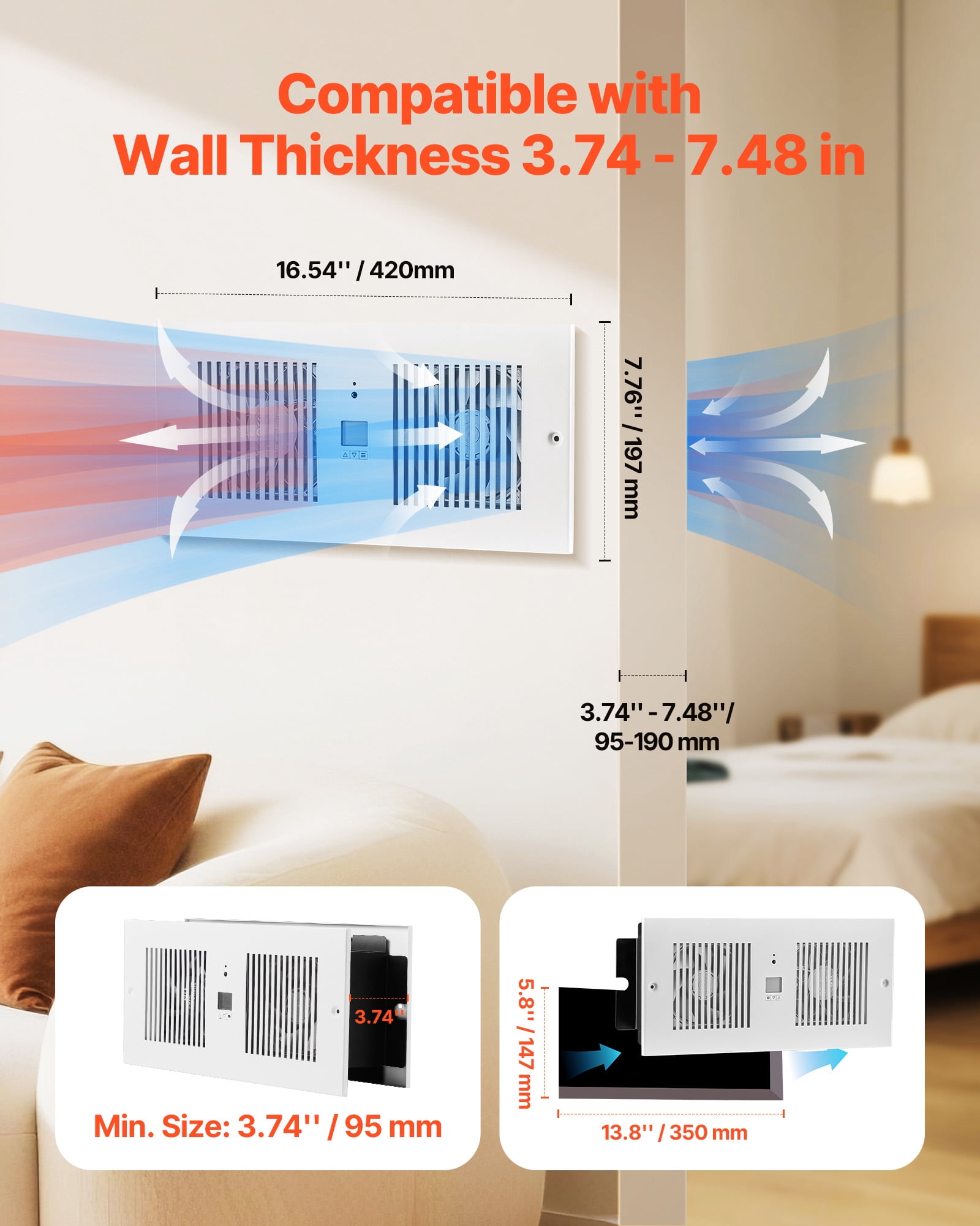 VEVOR 4-Inch Room to Room Fan, 2-in-1 300 CFM Through Wall Fan with Remote Control & Temperature Control, 10-Speed Ventilation Quiet Vent for Kitchen, Living & Laundry Room, Workshop