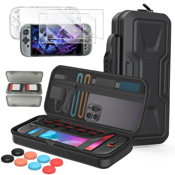 All in One Accessories Case Bundle for Switch 2 2025, Portable Carrying Case &Dockable Clear Hard Cover Shell, 2 Screen Protector, 8 Thump Grips, Game Card Slots, for Travel & Storage Bag