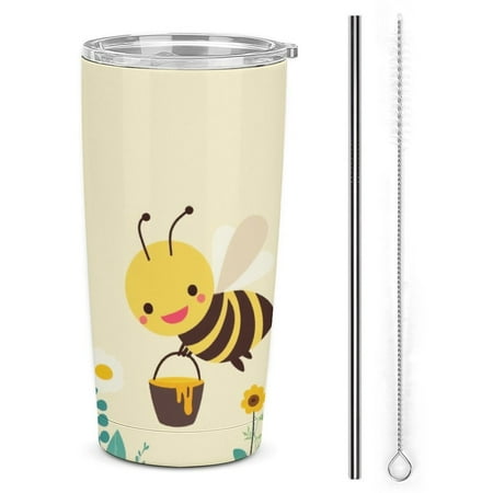 

20oz Insulated Stainless Steel Tumbler Cute Bee with Honey Bucket Double Wall Vacuum Travel Coffee Mug