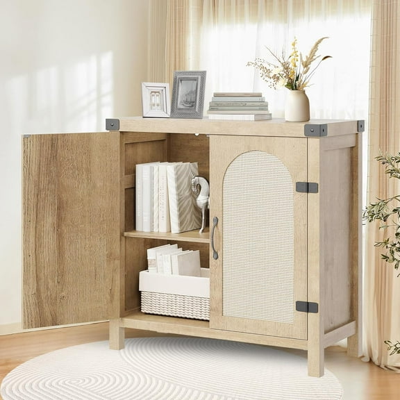 Rattan Buffet Cabinet with Storage,Sideboard with Synthetic Rattan-Accent Doors, Adjustable Shelves, and Rustic Wood Finish, Oak