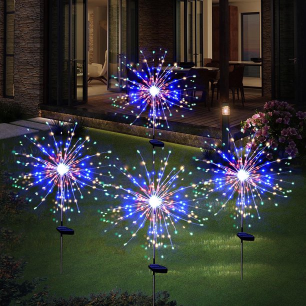 OriginalSourcing - Paquete de 4 luces solares de 120 LED para exteriores, luces solares de fuegos artificiales para exteriores, resistentes al agua, con 8 modos de parpadeo, luces solares para decora