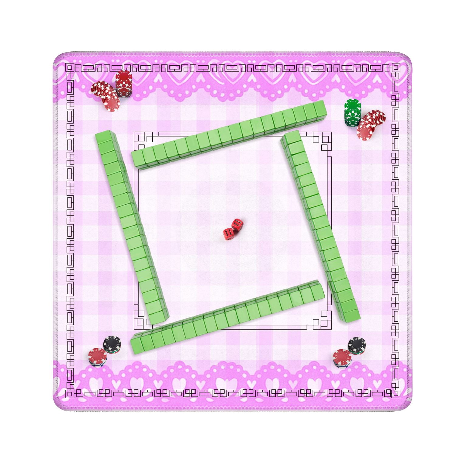 Mahjong Mat 31.5" x 31.5" Pink Checkered Heart Lace Trim Design Non-Slip Noise Reduction American Mahjong Tiles Table Cover for Dominoes Poker Card Board Games Gift