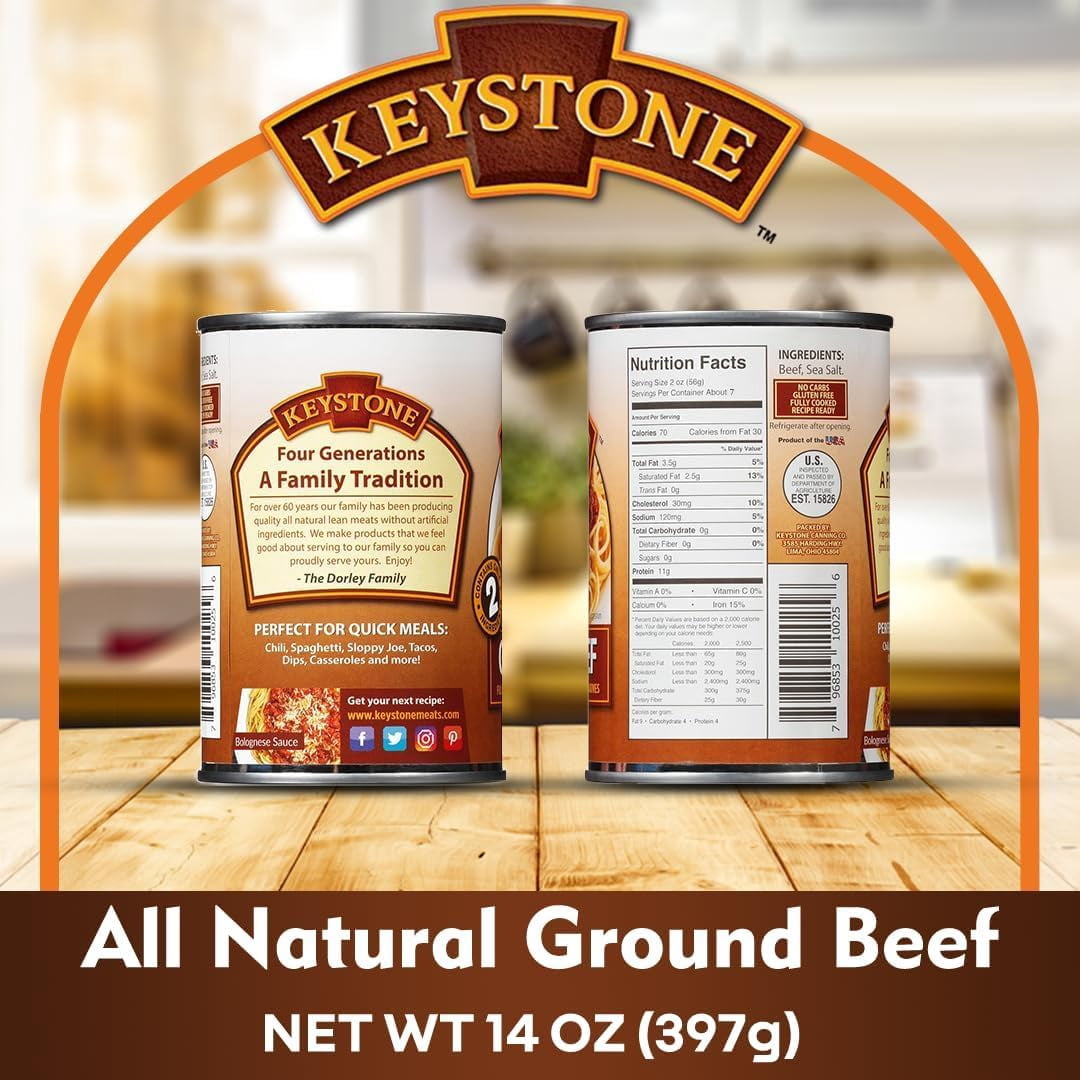 Keystone Fully Cooked Ground Beef, 14 oz, 12 Pack - Ready for Camping, Hiking, Backpacking