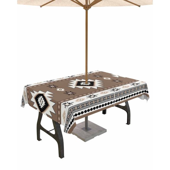 Fsddascl Brown Boho Outdoor Tablecloth - 60x102 Inch Rectangle Dining Table Cover, Farmhouse Aztec Southwest Ethnic Geometric Waterproof Outdoor Table Cloth with Umbrella Hole & Zipper for Patio