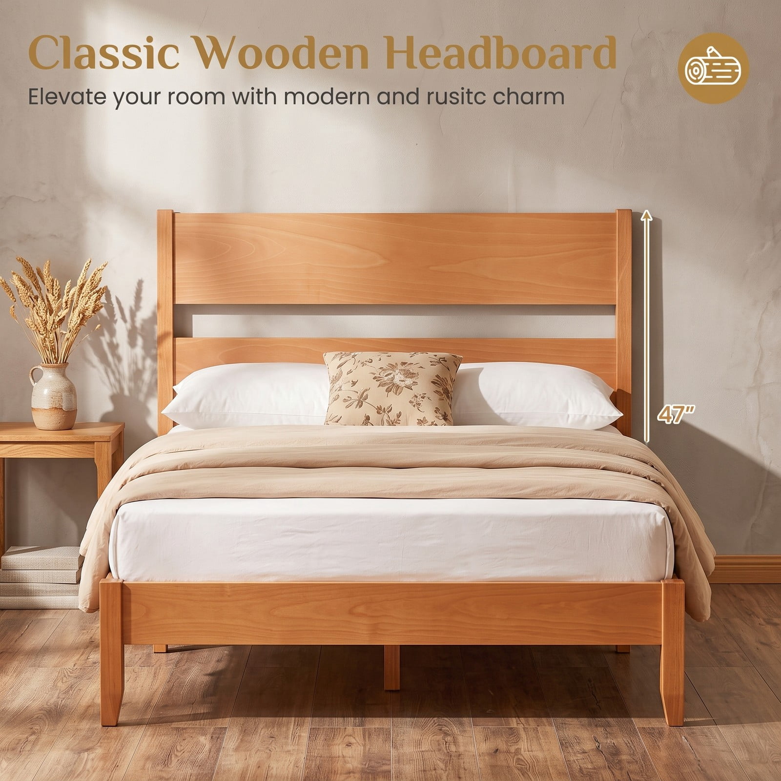 Furnibear Queen Bed Frame, Wood Platform Bed Frame with Headboard, Low Profile Queen Size Bed Frame with 12 Slat Support for Bedroom, Warm Brown