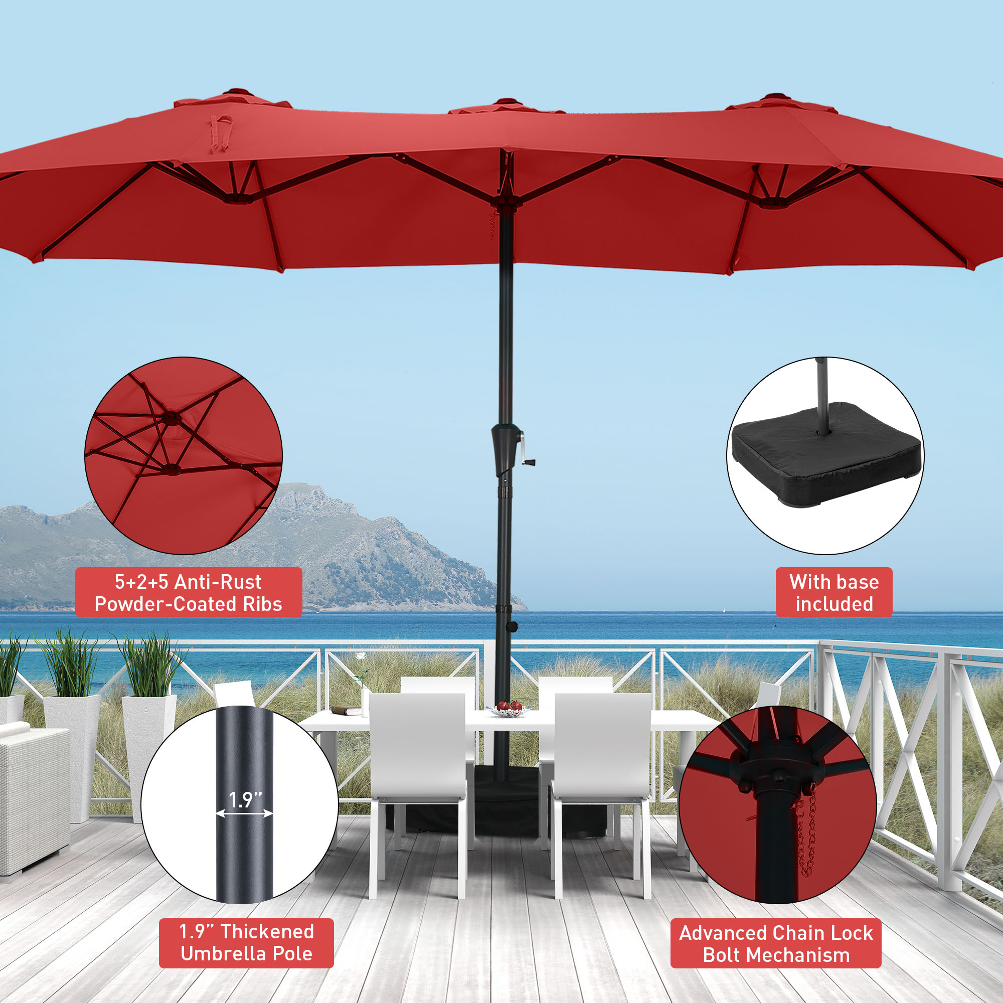 Autlaycil 15' Outdoor Patio Umbrella and Matching Base, Market, Beach, Garden, Yard, Party, Red